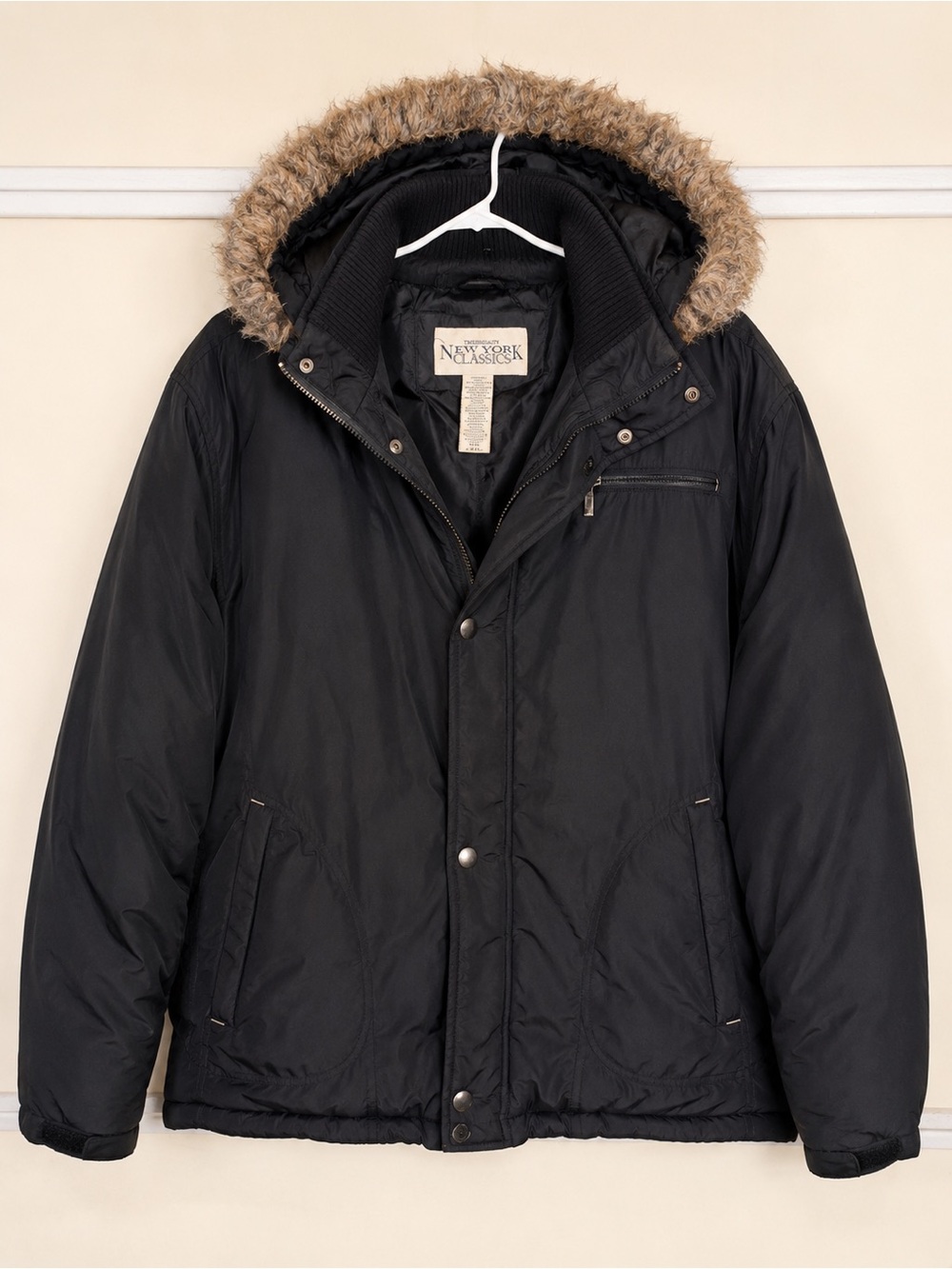 New York Classics Black Hooded Puffer Coat Faux Fur Trim XXL